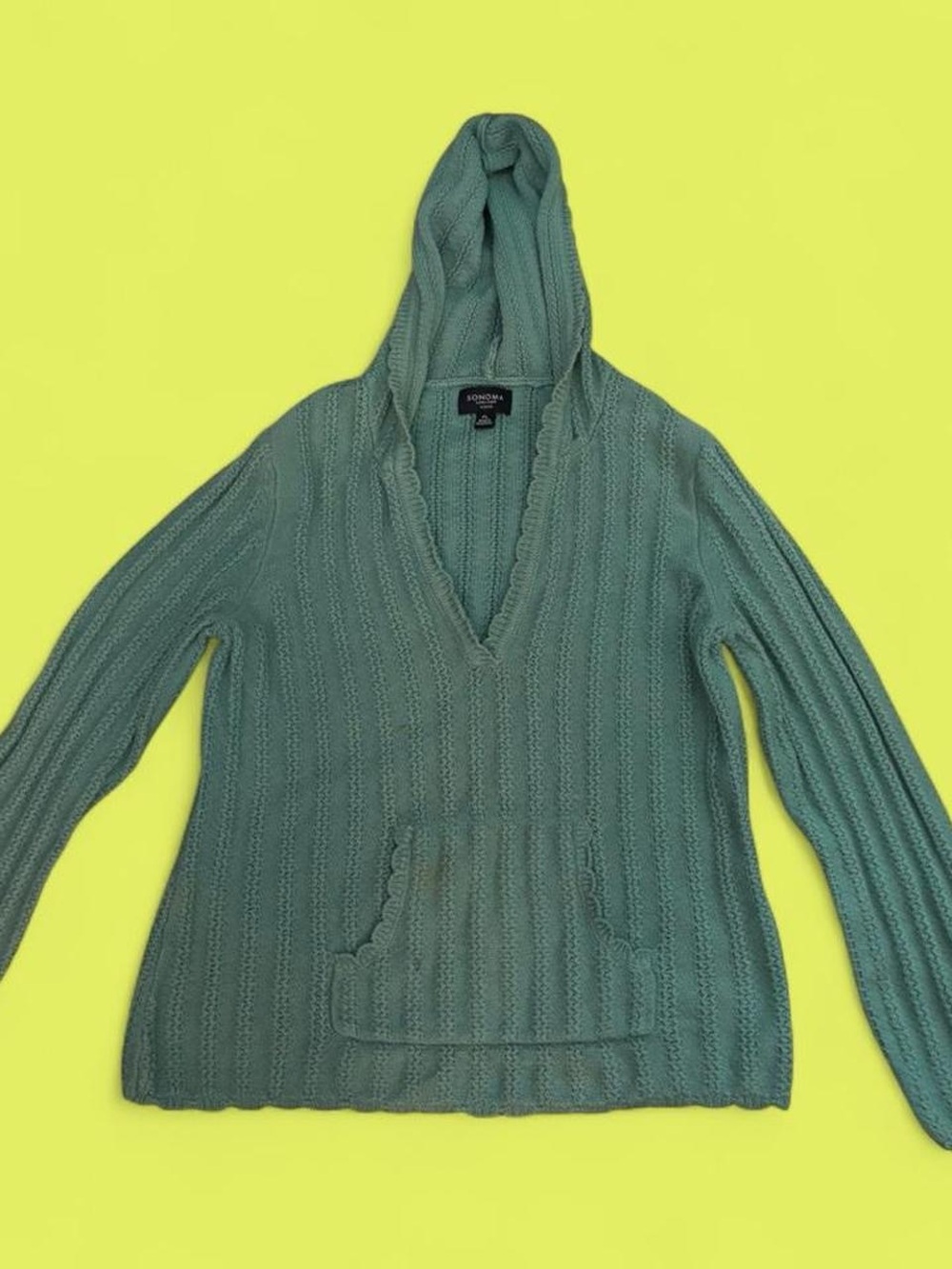 Sonoma Cable-Knit V-Neck Hoodie Sweater in Teal Green